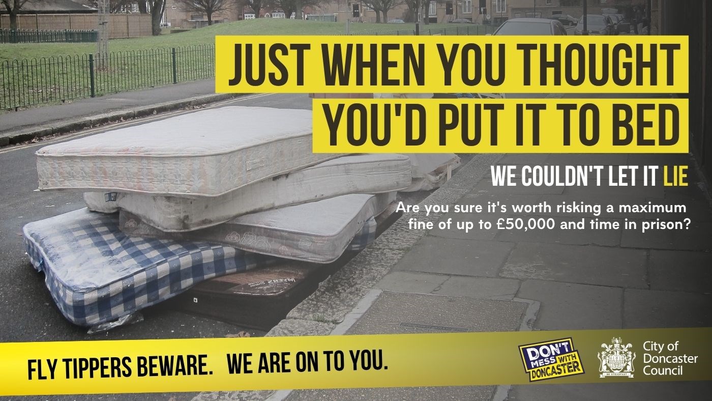 Fly-Tippers Beware - Mattress Fly-Tippers Beware poster showing abandoned mattress